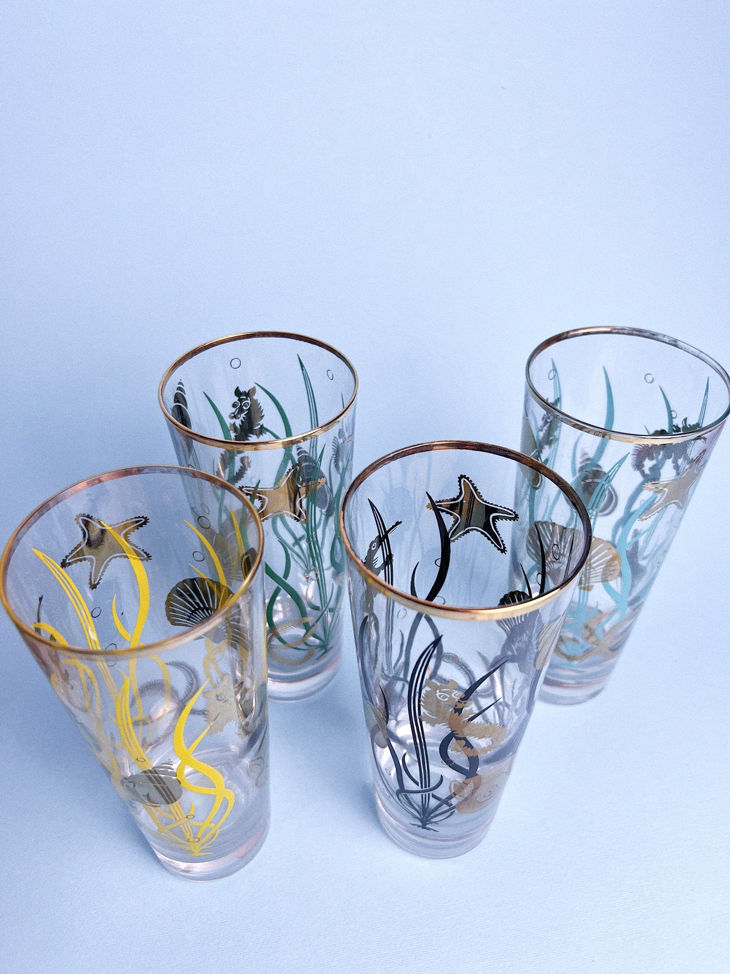Vintage Marine Life 22-Karat Gold Highball Glasses, Set of 4
