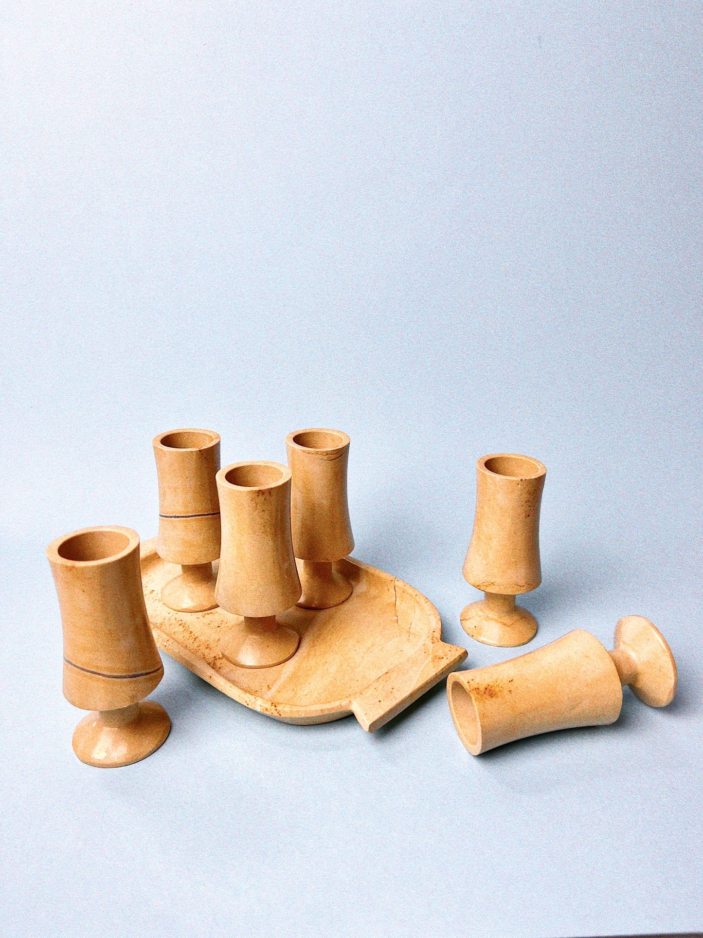 Vintage Hand Carved Marble Shot Glasses + Tray