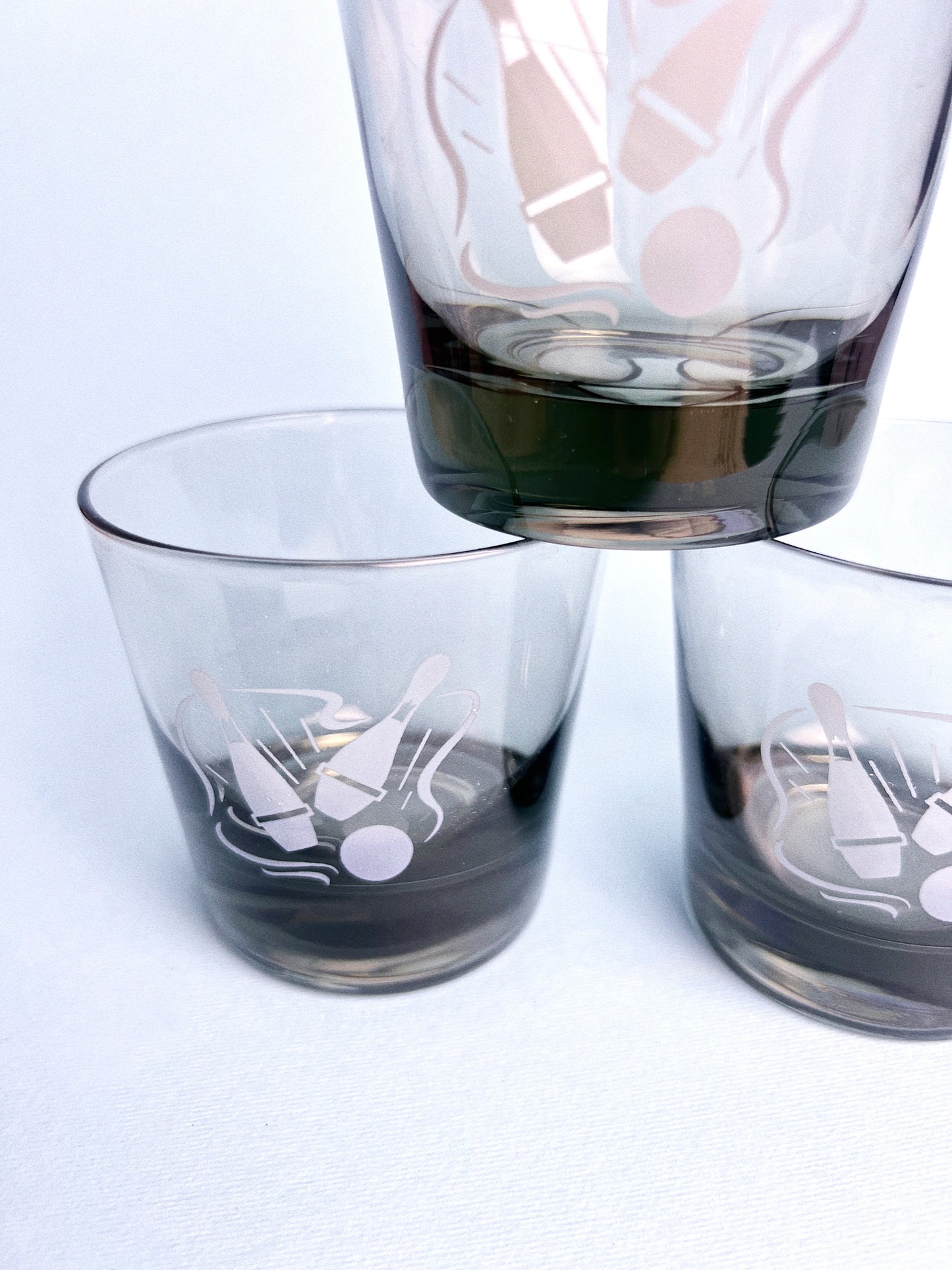Vintage Smoked Glass Bowling Whiskey Glasses, Set of 3