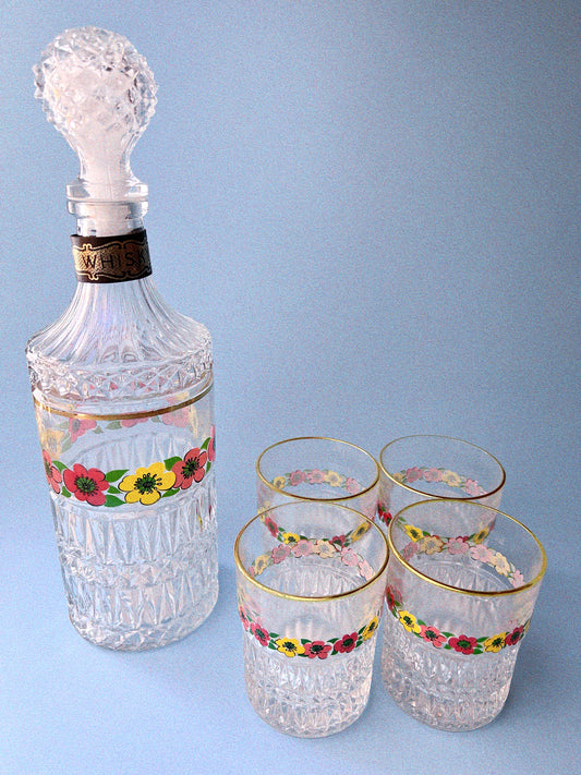 Vintage Decanter with four glasses, Vintage Set of floral glassware with matching whiskey decanter, cut glass