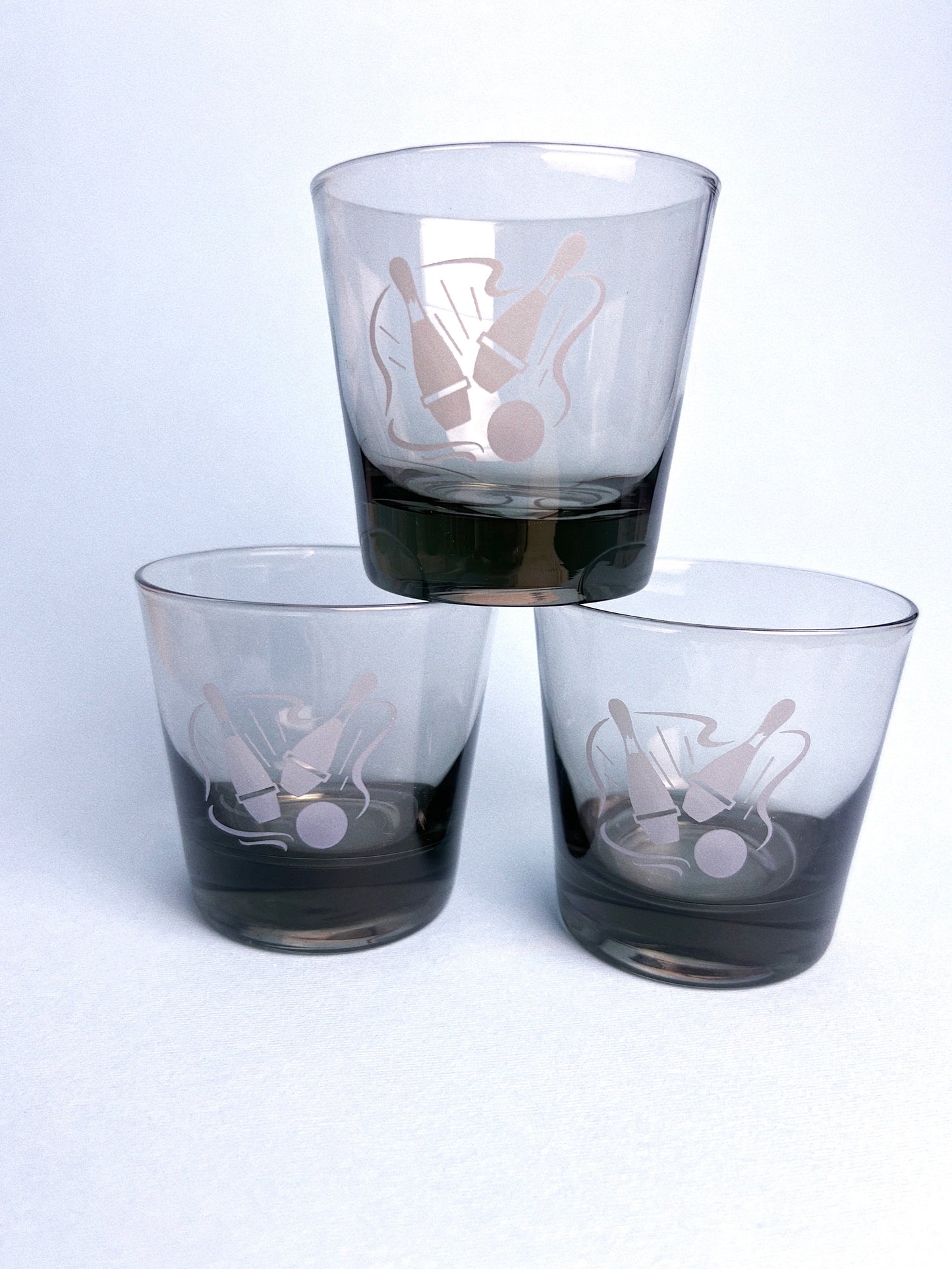 Vintage Smoked Glass Bowling Whiskey Glasses, Set of 3
