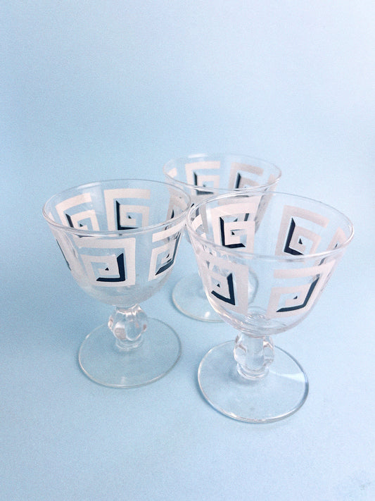 Vintage Black + White Geometric Liqueur Glasses, Set of 3