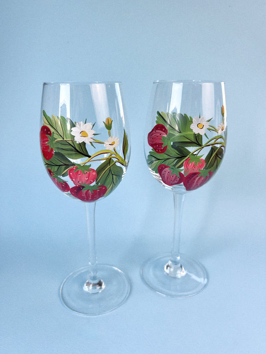 Vintage Hand-Painted Strawberry Wine Glasses, Set of 2