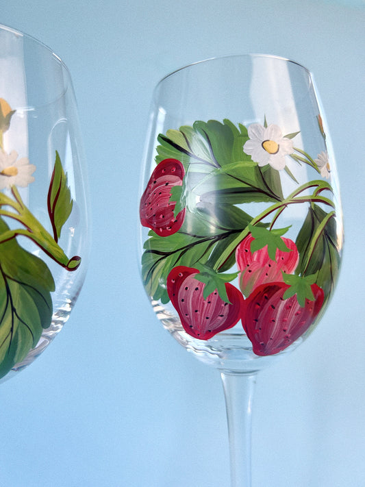 Vintage Hand-Painted Strawberry Wine Glasses, Set of 2