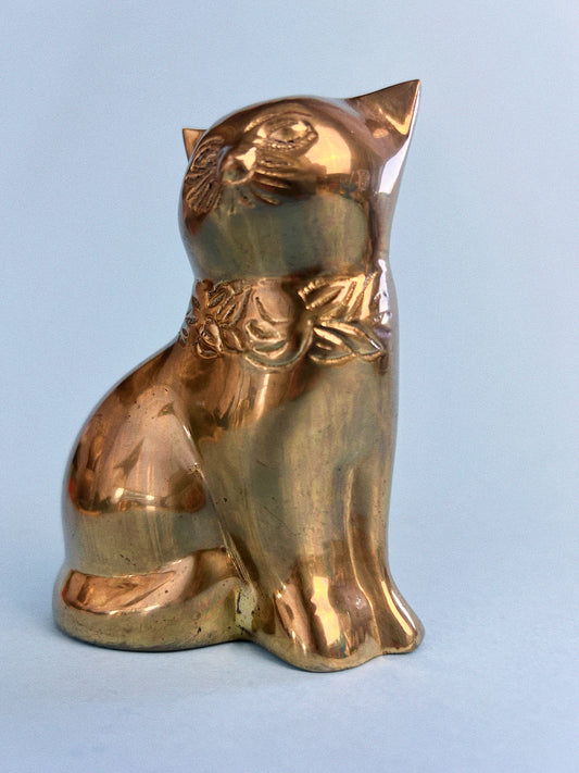 Vintage Brass Cat with Floral Collar