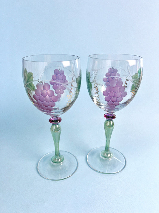 Vintage Etched Bohemian Glass Grape Wine Glasses, Set of 2