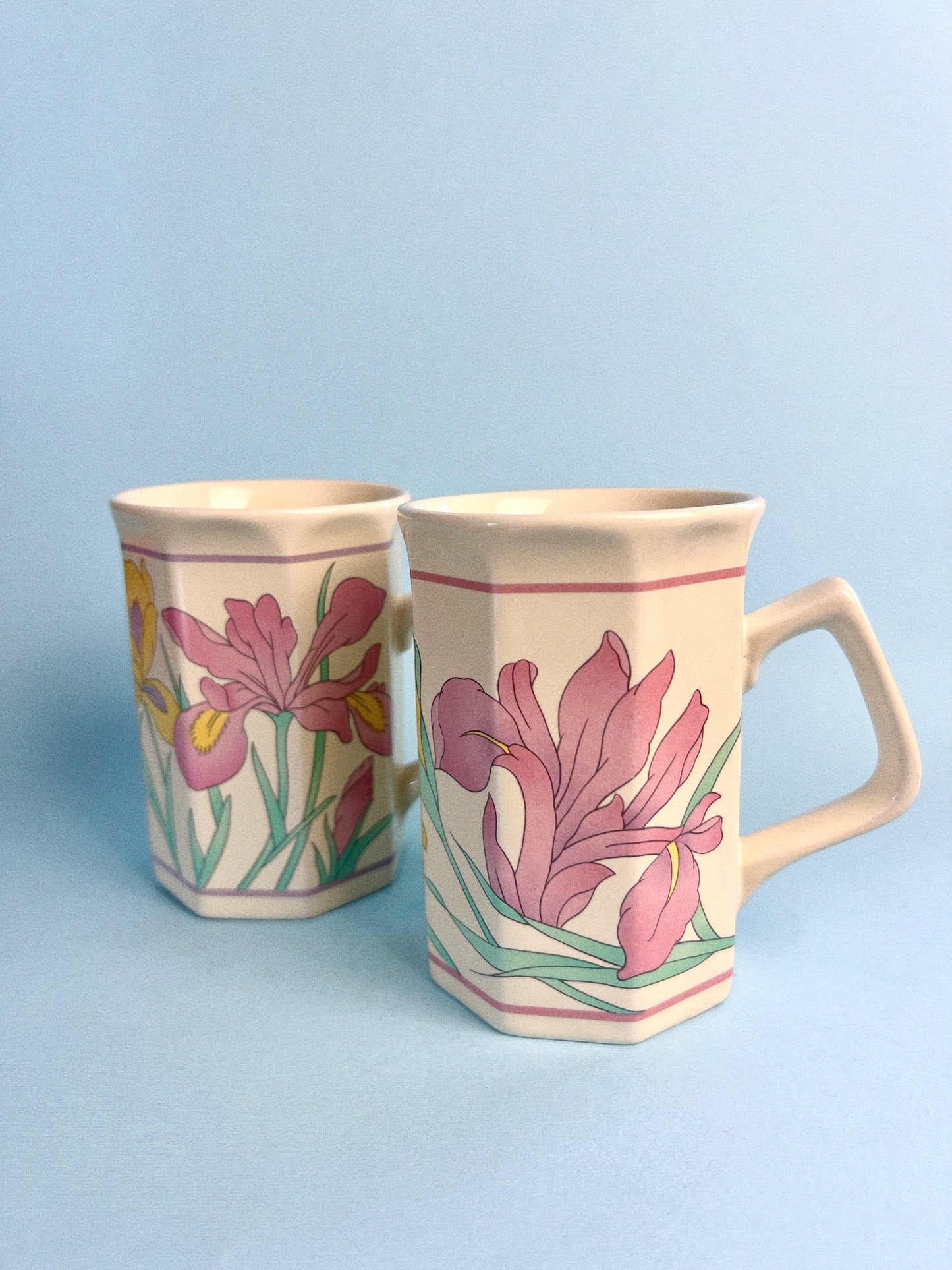 Pastel Iris Flower Octagonal Mugs, Set of 2
