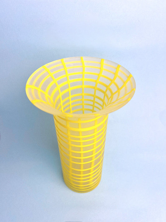 MCM Yellow Plaid Cased Glass Frosted Vase