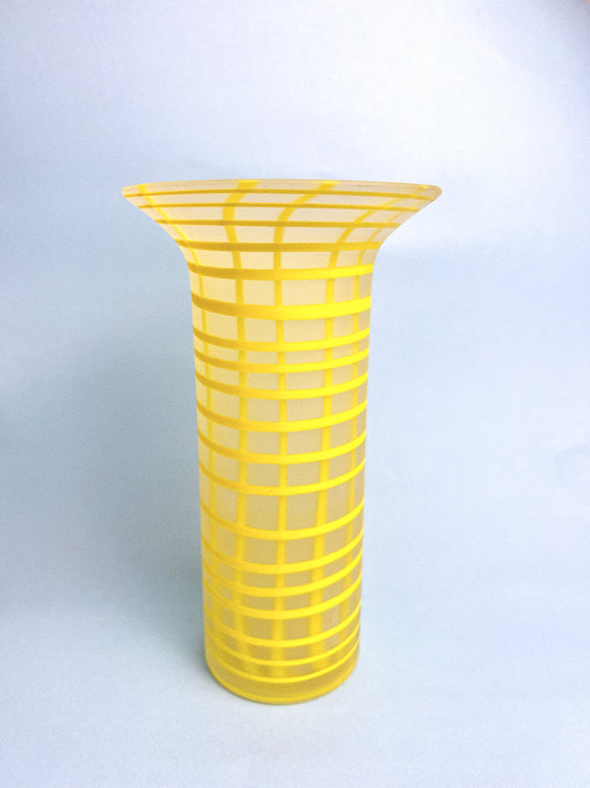 MCM Yellow Plaid Cased Glass Frosted Vase
