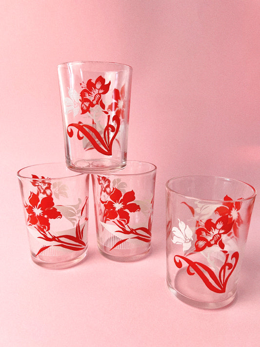 Vintage Midcentury Floral Juice Glasses, Set of 4 | Red + White