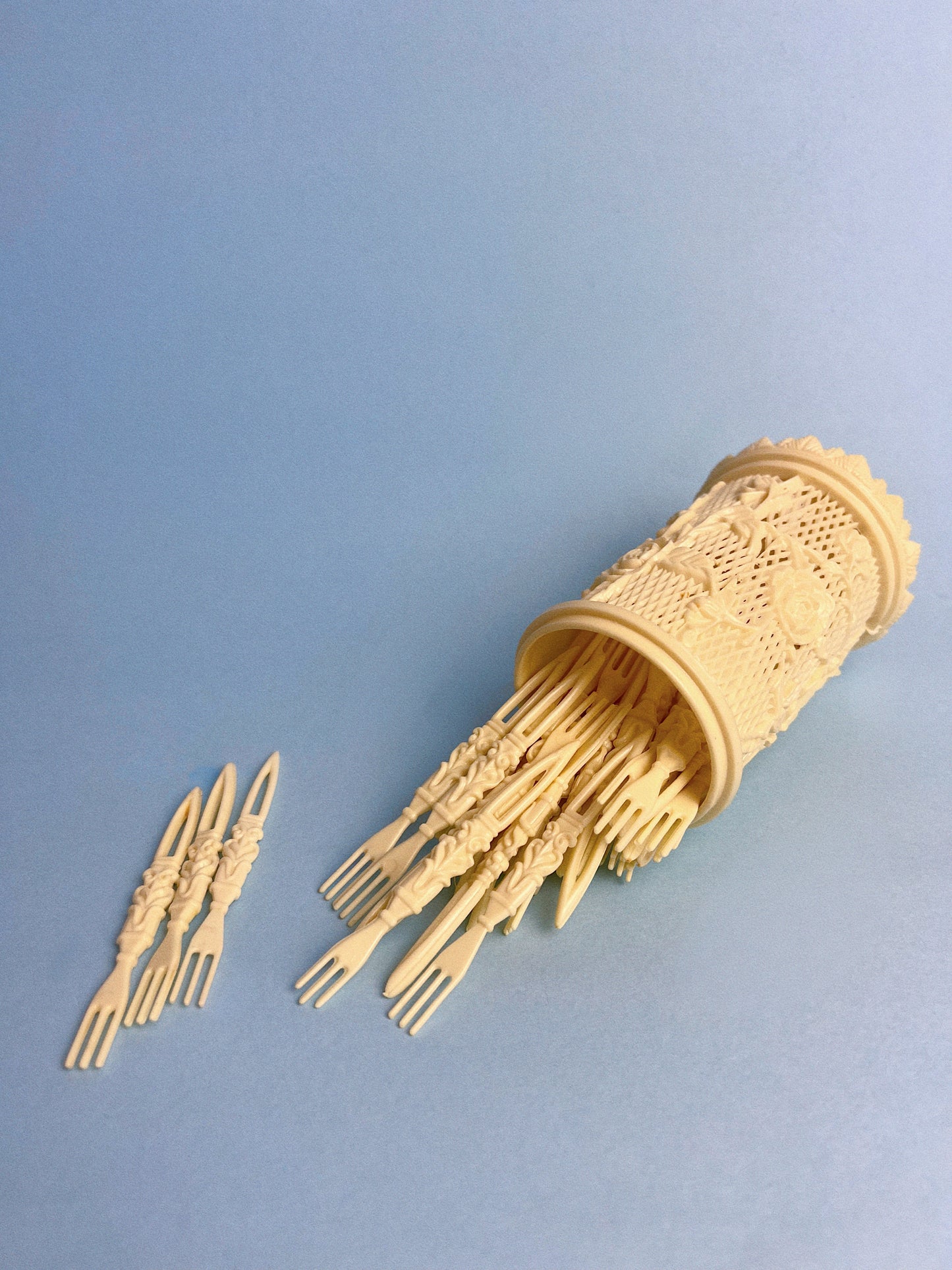 Mini Carved Celluliod Cocktail Forks + Lattice Holder
