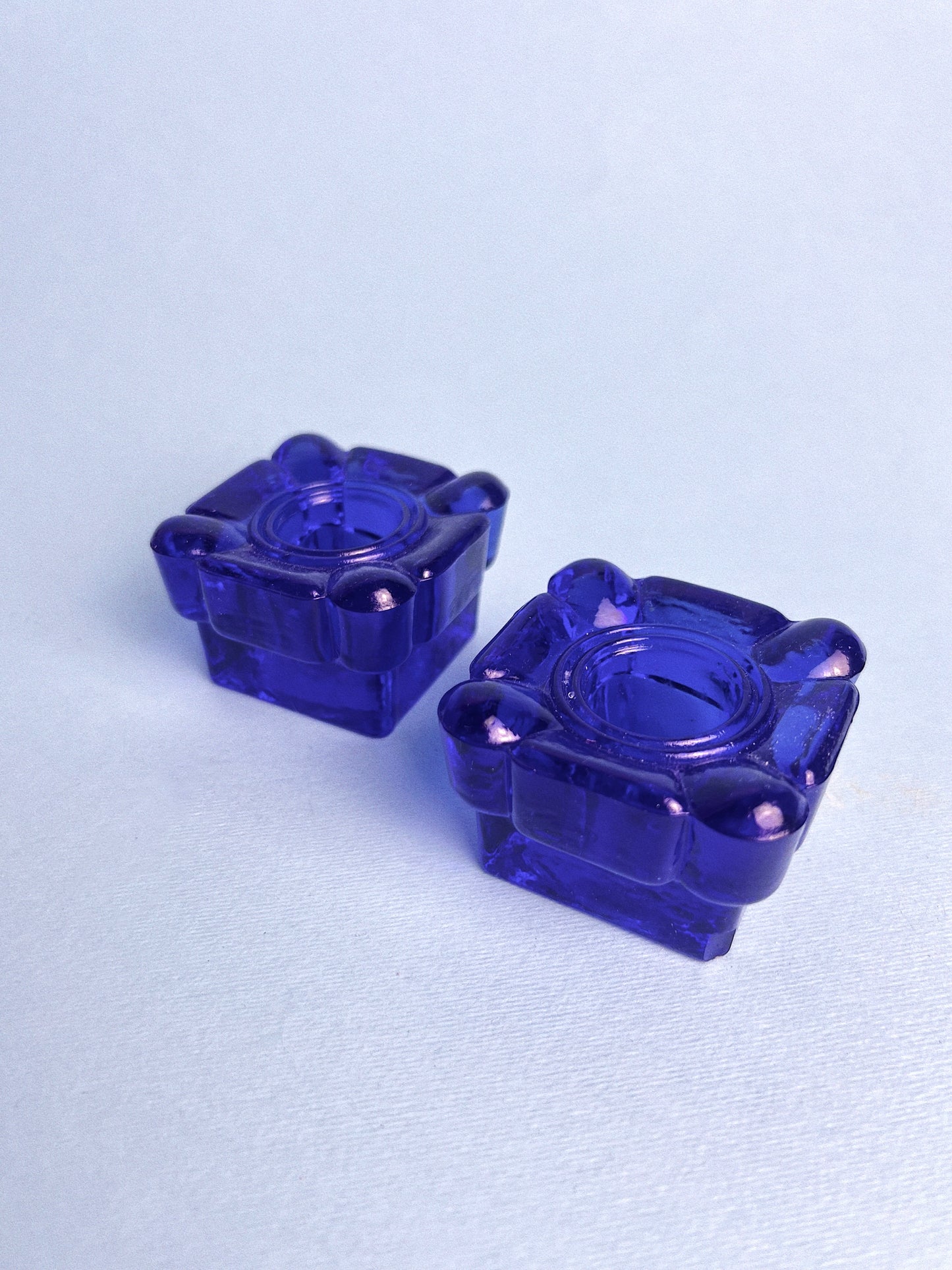 Vintage Cobalt Blue Square Taper Candle Holders, Set of 2