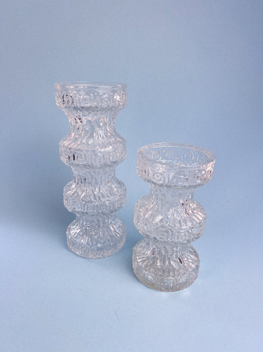 Vintage Oberglas of Austria Greek Key Vases, Set of 2 | Textured Pressed Glass