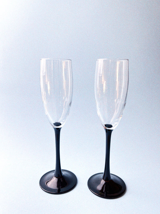 Vintage Champagne Glasses Luminarc Domino Signature Black by Cristal D'arques-Duran, Set of 2