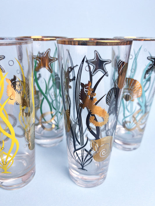 Vintage Marine Life 22-Karat Gold Highball Glasses, Set of 4