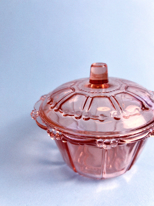 Vintage Pink Ribbed Glass Bonbon Dish with Lid | Vintage Candy Jar