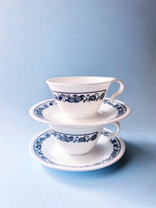 Old Town Blue Hook Handle Cup with Saucer, Set of 2