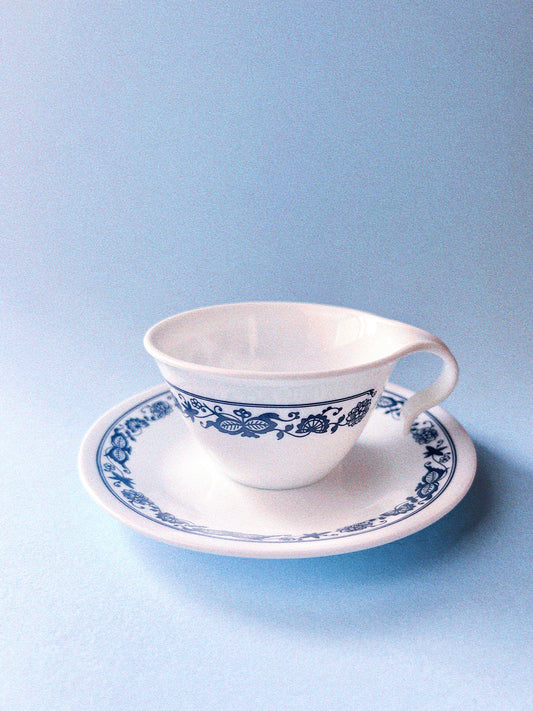 Old Town Blue Hook Handle Cup with Saucer, Set of 2