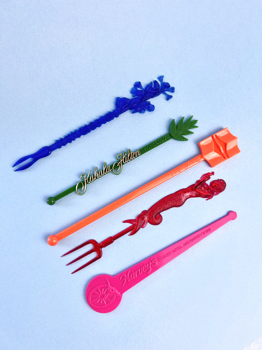 Vintage Mid-Century Swizzle Sticks, Set of 5 | Assorted Colours & Shapes