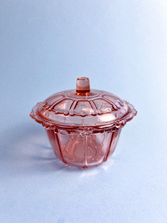 Vintage Pink Ribbed Glass Bonbon Dish with Lid | Vintage Candy Jar