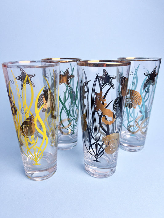 Vintage Marine Life 22-Karat Gold Highball Glasses, Set of 4