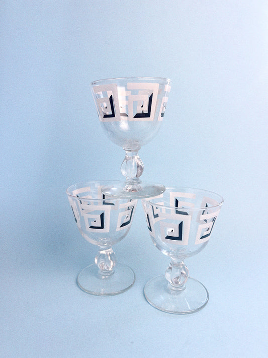 Vintage Black + White Geometric Liqueur Glasses, Set of 3