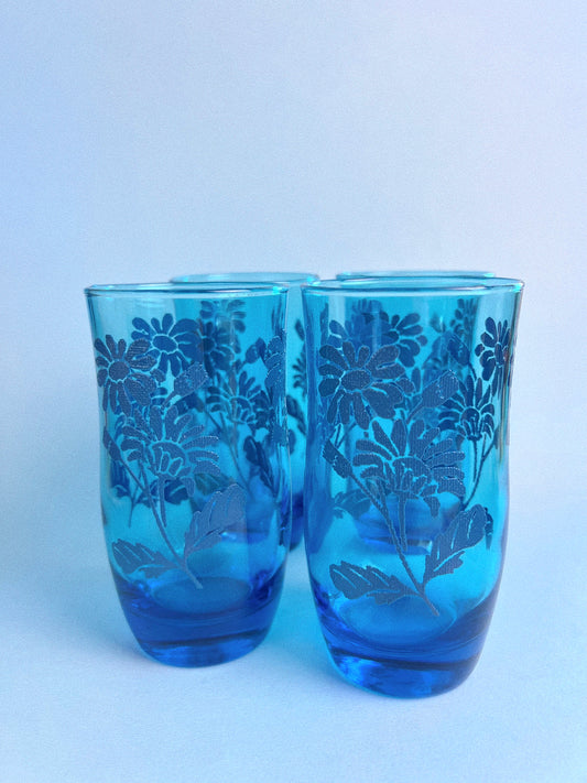 Vintage Electric Blue Daisy Juice Glasses, Set of 4