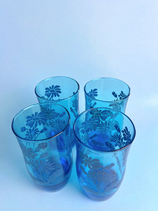 Vintage Electric Blue Daisy Juice Glasses, Set of 4