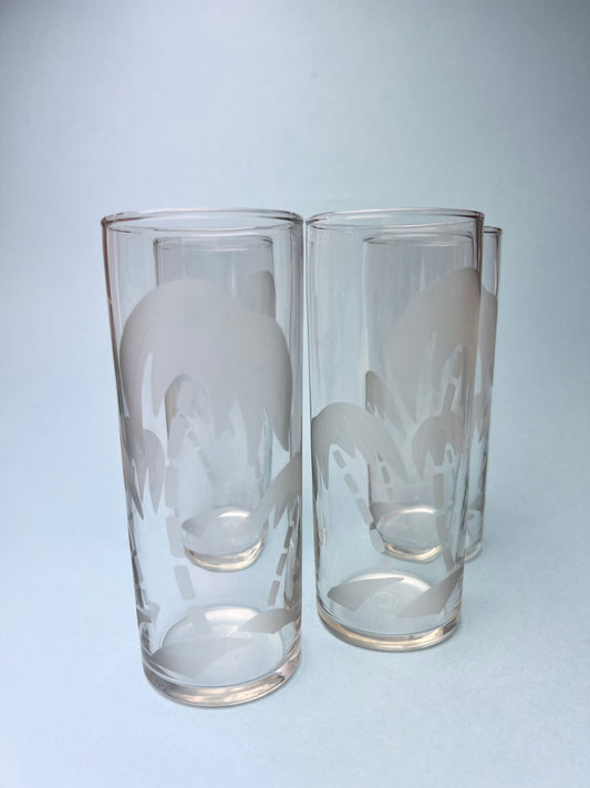 Vintage Frosted Palm Tree Tom Collins Glasses, Set of 4