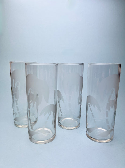 Vintage Frosted Palm Tree Tom Collins Glasses, Set of 4