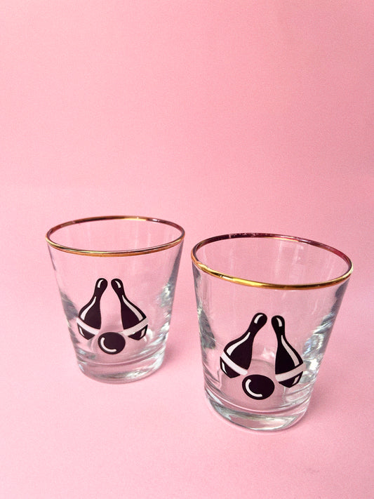 Vintage Bowling Whiskey Glasses, Set of 2