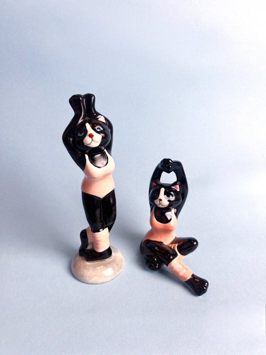 Vintage Aerobic Cat Figurines, Set of 2