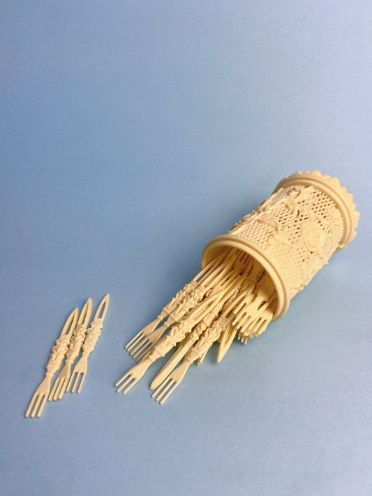 Mini Carved Celluloid Cocktail Forks + Lattice Holder