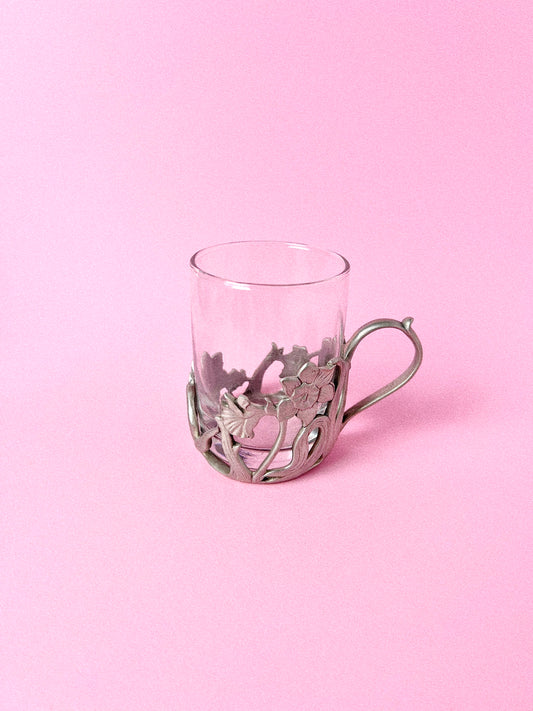Vintage Etain Zinn Seagull Pewter Cup Holder with Glass
